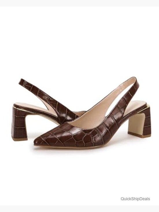 Faux Leather Slingback Chunky Heel Pointed Toe Pumps